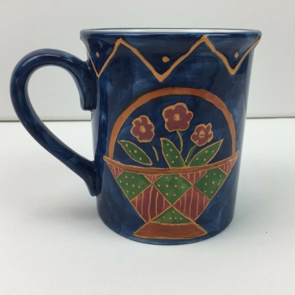 Susan Winget Patchwork Quilt Windmill Flower Basket Blue Ceramic Coffee Tea Mug - Picture 2 of 8